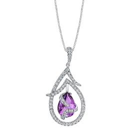 14K White Gold Diamond Necklace With Dangling Amethyst Gemstone