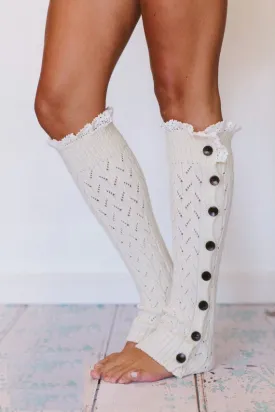 Cable Knit Leg Warmers Off White Boho Legwarmers With Wood Buttons Cream Boot Toppers One Size