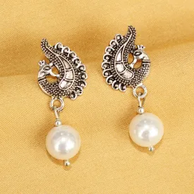 Imeora Oxidised Silver Stud With Peacock And Pearl Hanging Earrings