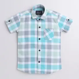 Polka Tots Half Sleeve Super Soft Cotton Checks Shirt With Roll Up Sleeve - Sky Blue