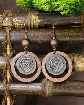 Round Wooden Rose Drop Earrings